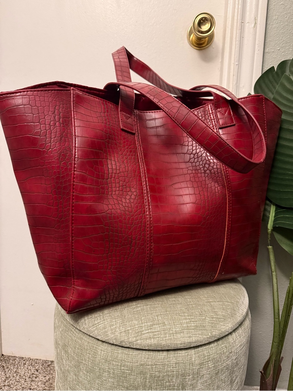 Vintage Neiman Marcus Red Croc-Embossed Large Tote Shoulder Bag